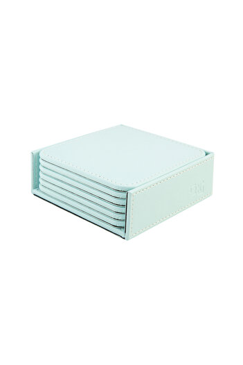 2K Coasters, Set of 6, Desktop Square Cup Coaster, Vegan Faux Leather, 11X11 Cm., Water Green