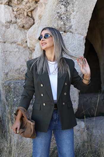 bytugcekaya Khaki Gold Buttoned Premium Double Breasted Blazer
