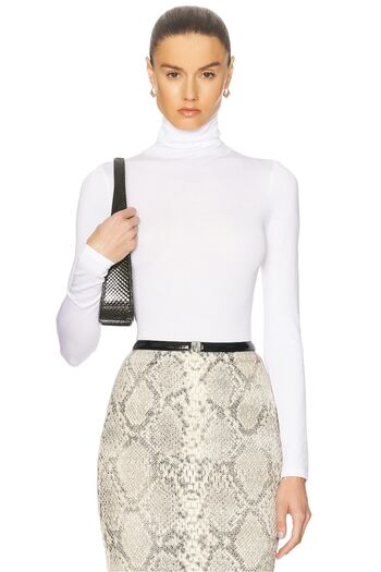AFR CLOTHES Women's White Double Layer Jersey Turtleneck Bodysuit with Snap Buttons at the Bottom