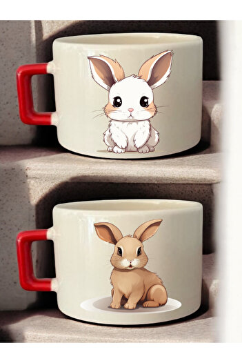 lili hediyelik Cute Rabbit Printed 2-Piece Coffee Cup Ceramic Mug - Ceramic Tea, Coffee Gift Cup