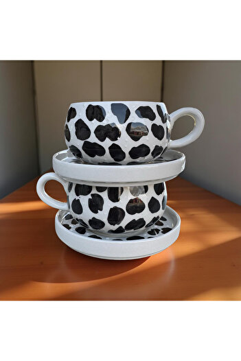 İlbay Çini Takı Black Dalmatian Patterned Mug with 2 Beren Plates