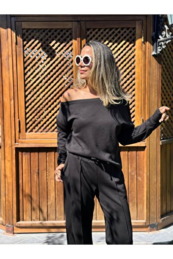 Rozella Butik Sports Suit Off-Shoulder Anthracite and Black Color