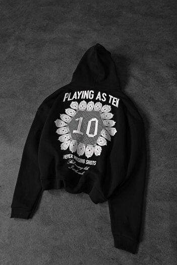 Slatra Men's Black Playing as Ten Printed Oversize Hooded Sweatshirt