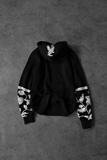 Slatra Men's Black Eagle Printed Oversize Hooded Sweatshirt