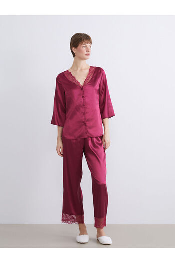 LC Waikiki Lcw Dream New Season V-Neck Lace Detailed Satin Women's Pajama Set