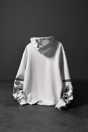 Slatra Men's White Eagle Printed Oversize Hooded Sweatshirt