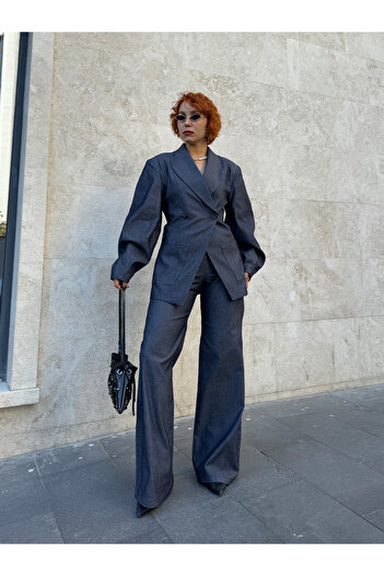 Bak'ap Premium Design Waist-Fitted Balloon Sleeve Padded Jacket - Denim Palazzo Pants 2-Piece Set