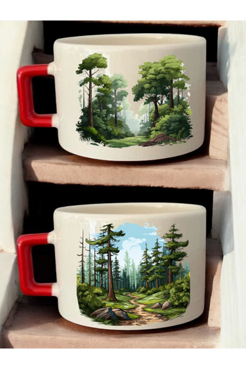 lili hediyelik Trees Drawing Printed 2-Piece Coffee Cup Ceramic Mug - Ceramic Tea, Coffee Gift