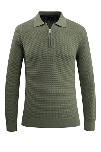 Çizgi Triko Men's Zippered Polo Neck Sweater Knitwear Embossed Knit Solid Color Classic Fit