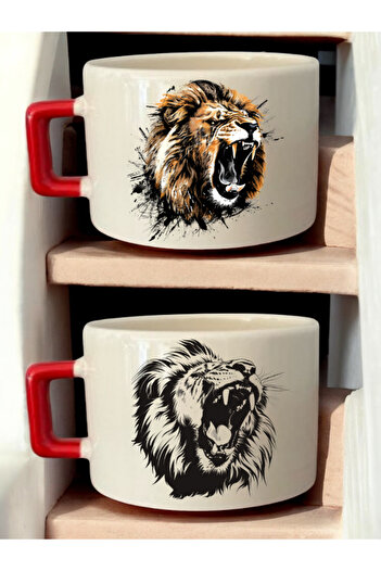 lili hediyelik Lion Drawing Printed 2-Piece Coffee Cup Ceramic Mug - Ceramic Tea, Coffee Gift