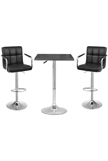 AWF AL WADI FURNITURE Yivo 3 Piece Adjustable Square Mdf Wood Bar Table Set With 2 Box Style Bar Chairs With Arms, Black