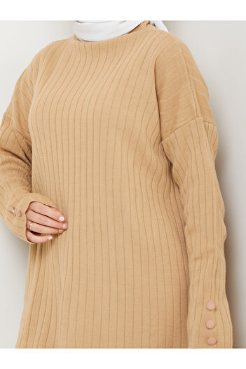 MY QILAM Women's Hijab Top and Bottom Set Ribbed Stand Collar Sleeves Button Detail Knitwear Set Camel