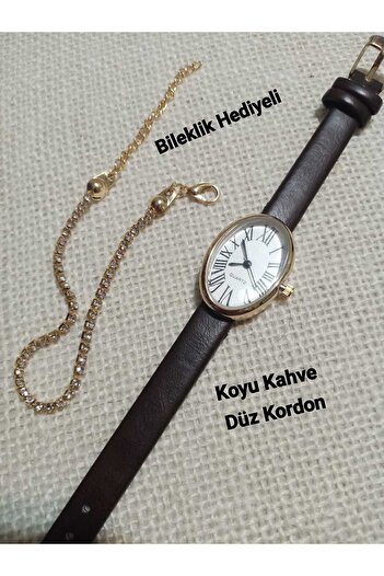 QUARTZ Retro Series Gold Oval Roma Women's Wristwatch- Dark Brown Band / Bracelet with Gift Tt0125