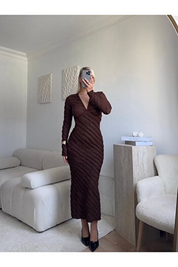 Zora Butik V Yaka Ters Dikiş Elbise - KAHVE