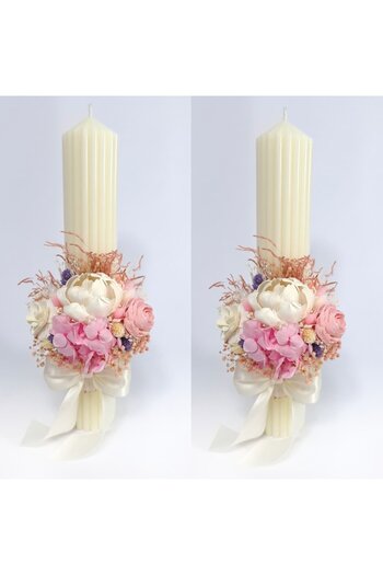 OEM Set 2 wedding candles decorated with ming flowers, preserved hydrangeas, and dried preserved flowers