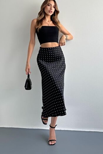 Hisleria Polka Dot Pattern Viscose Satin Midi Length Skirt on Black Background