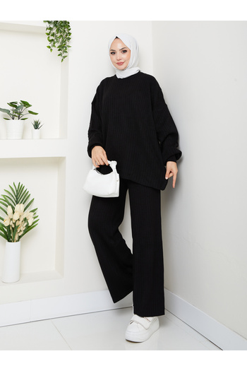 MY QILAM Women's Hijab Top and Bottom Knitwear Set Ribbed Stand Collar Patterned Balloon Sleeve Black