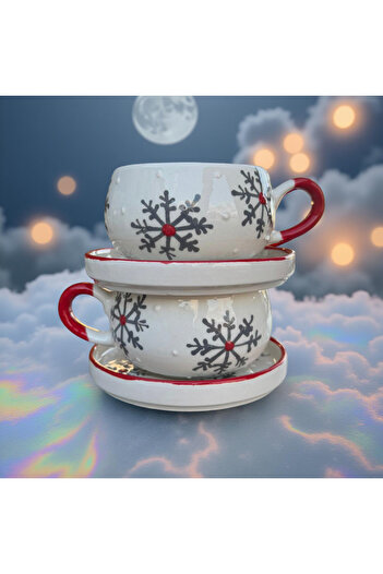 Çiporcal Beren Gray Snowflake Mug Set with 2 Plates and Hand Decoration