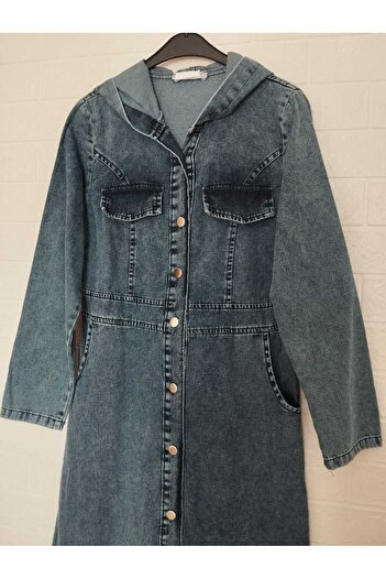 anne moda ankara Seasonal, 100% Cotton Denim Woven, Thin, Flowy, Hooded, Ankle Length, Denim Overcoat
