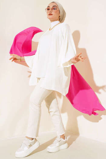 TİSTA Women's White Bat Sleeve Oversize Knit Cardigan