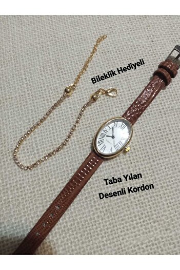 QUARTZ Retro Series Gold Oval Roma Women's Wristwatch- Tan Color Band / Bracelet with Gift Tt0125
