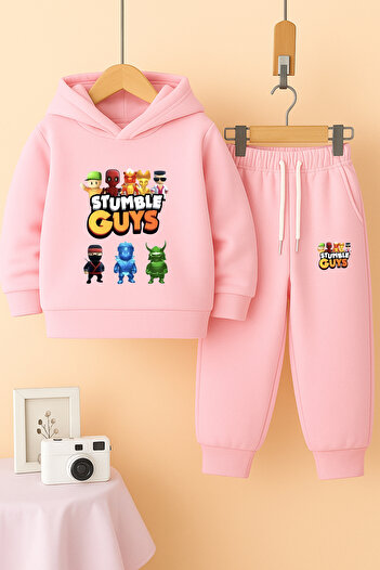 Let's Wear Stumble Guys Printed Kids' Premium Compact Sweatshirt Tracksuit with Pockets - 2 Piece Sportswear Set