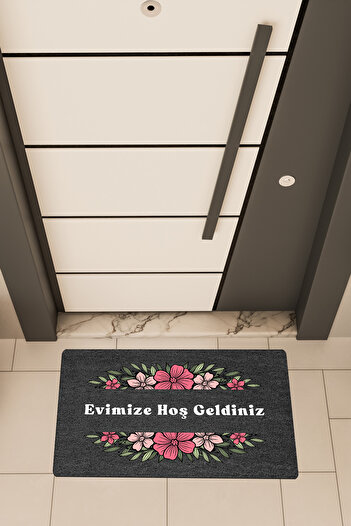 Dormot High Quality Digital Printing Black, Standard Pinkish Flowers Hşgldniz Themed Doormat