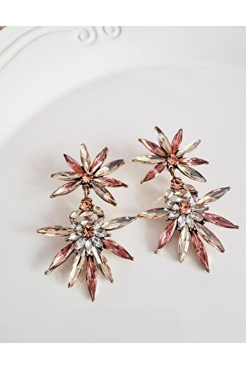 DEVİ fashion Evening Dress Zircon Stone Flower Earrings 6 cm