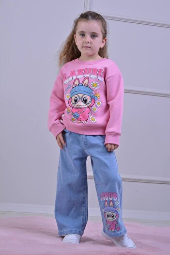 ARBİ kids Girls' Labubu Denim Pants Seasonal Two-Piece Set