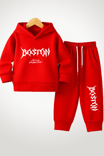 Let's Wear Boston Printed Kids' Premium Compact Sweatshirt Tracksuit with Pockets - 2 Piece Sport Set