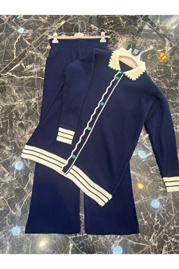 MY QILAM Women's Hijab Top and Bottom Set Shirt Collar Striped Button Detailed Knitwear Set Navy Blue