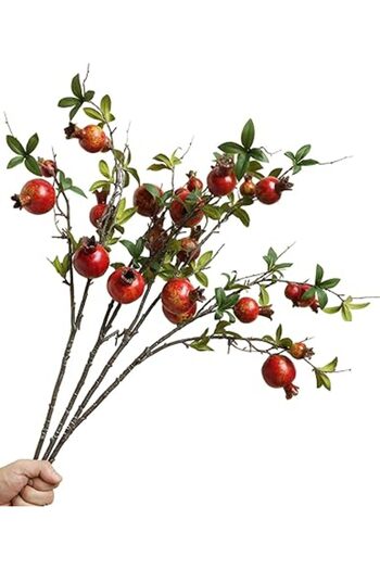 Generic Forlaoers 4pcs 31" Tall Red Berries Pomegranate Faux Plants Stem Fake Tree Branches with Fruits Leav