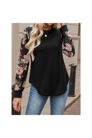 Omarı Women's Long Sleeve Crew Neck Sleeve Floral Pattern Viscose Two Thread Blouse