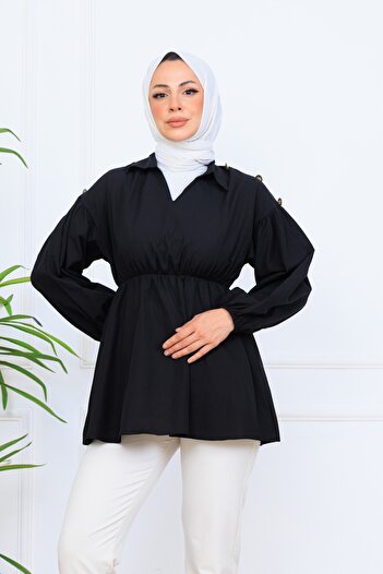 Cochines Women's Black Satin Hijab Shirt with Elastic Waist