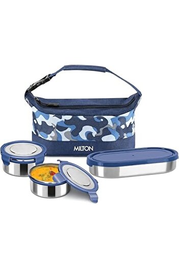Generic MILTON Camo Delight Stainless Steel Tiffin (2 Click Lock Round Containers, 380 ml Each; 1 Oval Conta