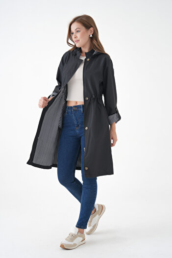 Ayşo Black Wind and Water Resistant Detachable Hood Bondit Fabric Trench Coat