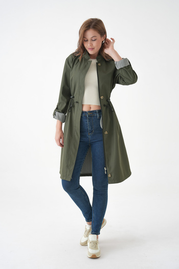 Ayşo Khaki Wind and Water Resistant Detachable Hood Bondit Fabric Trench Coat
