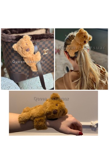 QUEEN AKSESUAR 3-in-1 Luxury Cute Plush Hugging Teddy Bear Buckle Magnetic Snap Wristband Bag Ornament Hair Accessory