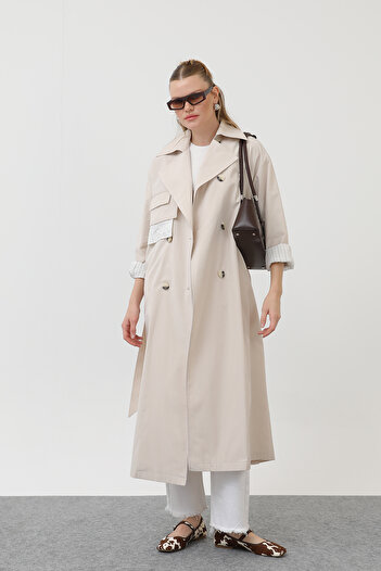 Modamorfo Women's Garni Striped Detailed Trench - 32141Trc