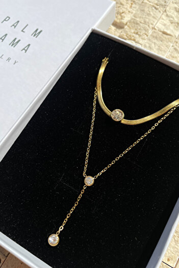 PALM MAMA JEWELRY 2'Li Minimal Stil Y Model Taş Detaylı Gold Paslanmaz Çelik Kolye Kombini Takım