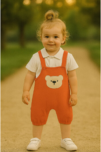 agugu Short Salopet Set with Teddy Bear Figure Orange