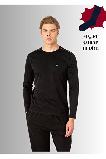 Pierre Cardin 100% Cotton Crew Neck Long Sleeve Straight Leg Pajama Set (with Socks as a Gift)