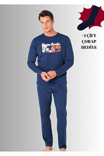 Pierre Cardin 100% Cotton Crew Neck Long Sleeve Straight Leg Pajama Set (with Socks as a Gift)