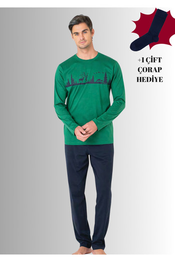Pierre Cardin 100% Cotton Crew Neck Long Sleeve Straight Leg Pajama Set (with Socks as a Gift)
