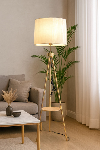 Living Standing Lamp with White Shade and Tripod Steel Base featuring a Round Shelf 165 cm