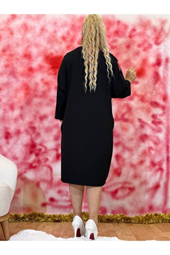 Yeşilmoda Dress Black Three Thread Cotton Dress – Lace and Stone Embroidered, Side Pockets Below Knee Special Occasion
