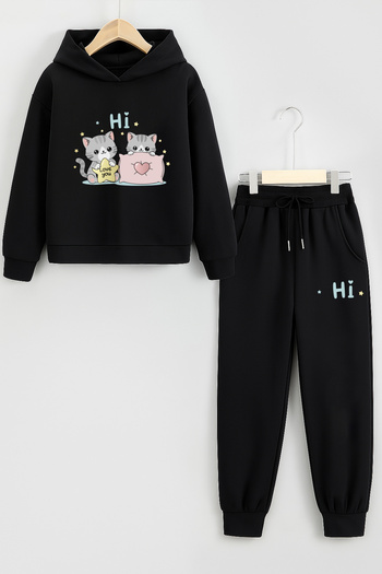 Let's Wear Cute Cat Printed Kids Premium Compact Sweatshirt Tracksuit with Pockets - 2 Piece Sport Set