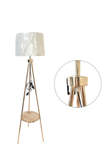Living Standing Lamp with White Shade and Tripod Steel Base featuring a Round Shelf 165 cm