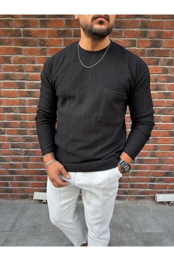 Baycombine35 Vertical Striped Ottoman Fabric Pocket Detailed Men's Sweatshirt