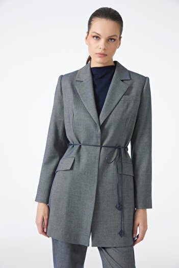 Zühre Double Breasted Collar Leather Rope Detailed Indigo Combination Suit Tk-1694